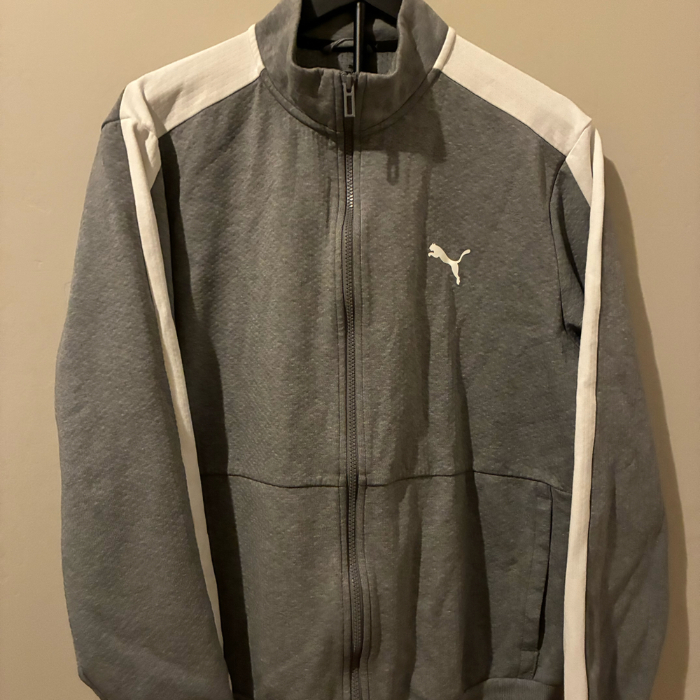 Puma‎ Men's XL Track Jacket Full Zip Heather Grey White Stripe Athletic Gym